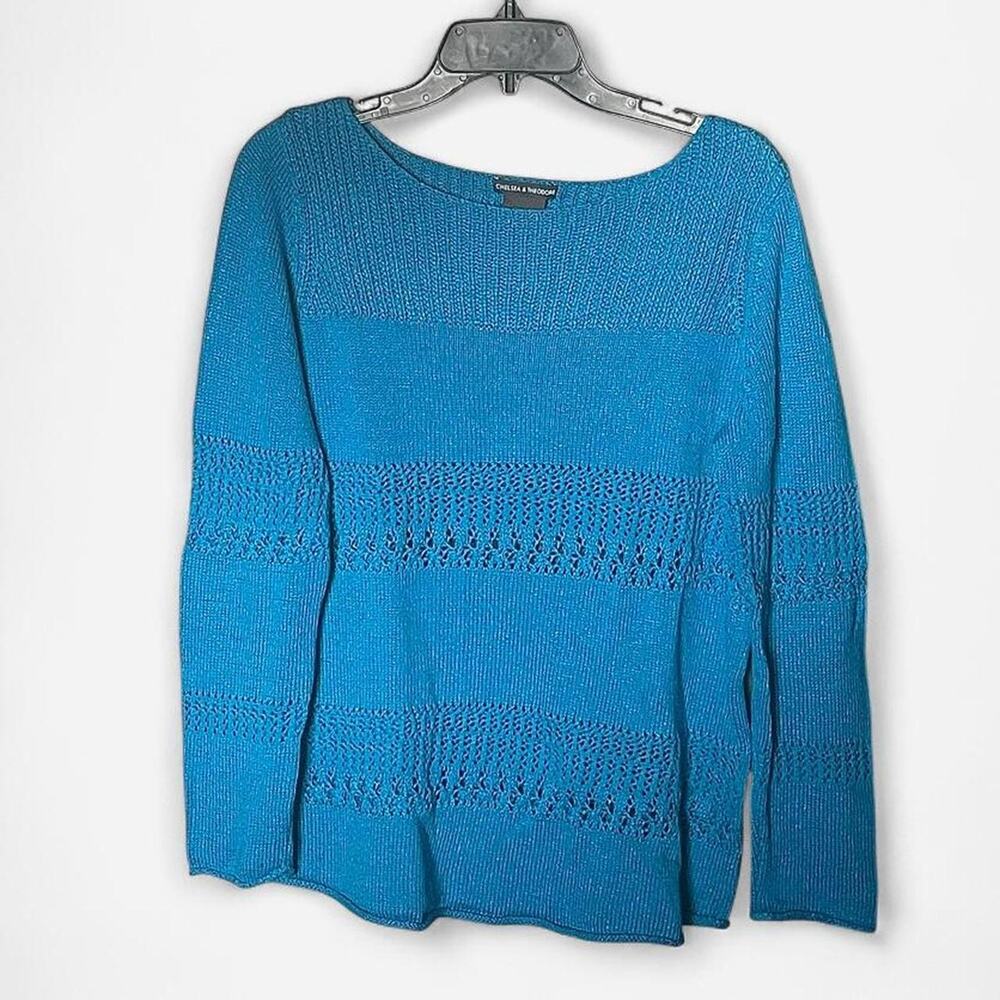 Chelsea & Theodore Turquoise Blue Crochet Knit Panel Sweater NWT – Size L